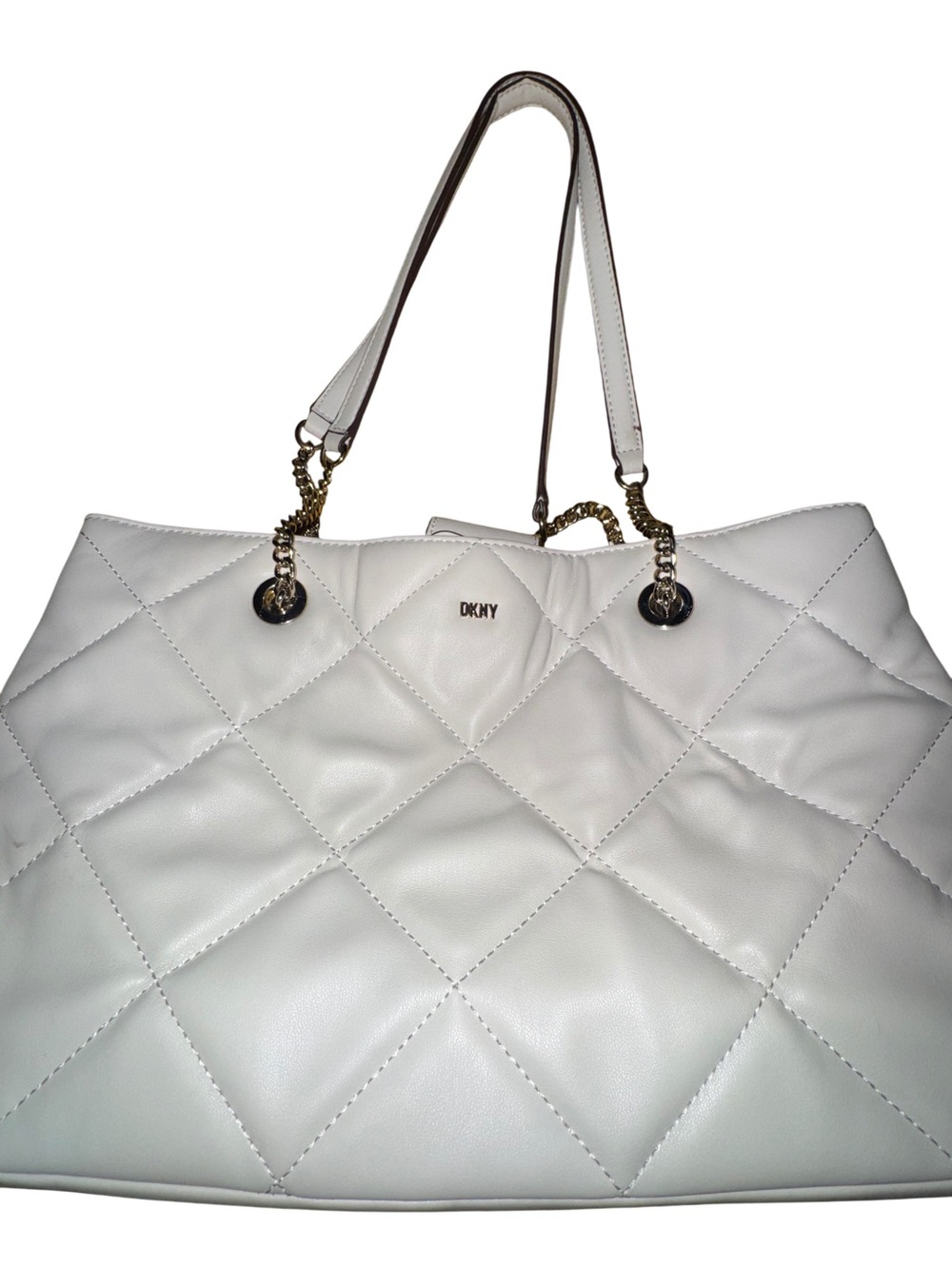 DKNY White Quilted Leather Tote with Gold Chain Handles